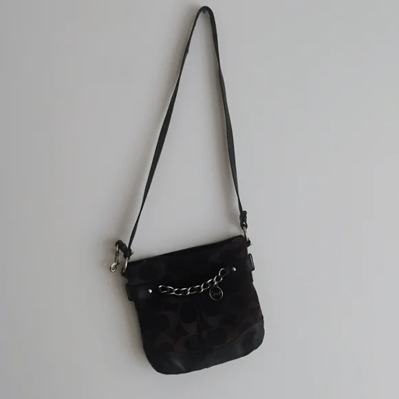 Coach Black Leather Dark Brown Canvas Signature Crossbody Bag Purse - Picture 11 of 15